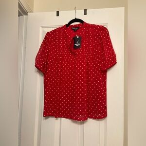 Nautica Jeans Women's Red Dot-Print Pintuck Short-Sleeve Blouse Shirt Size XS